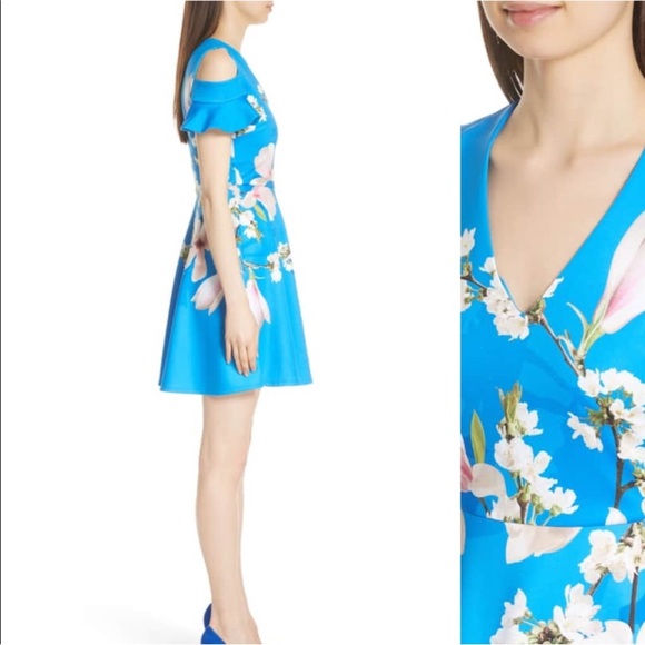 NWOT- Ted Baker Blue Floral Cold-Shoulder Dress Size 5 (10/12) - Picture 4 of 12